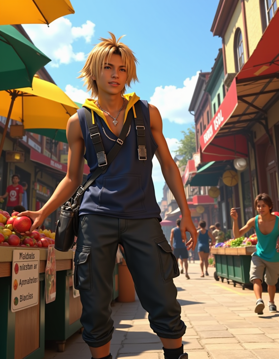 Tid_dus_2025, The image is a CGI-rendered digital artwork featuring Tidus, a young male character with a striking, anime-inspired aesthetic. He has a lean, athletic build and tanned skin. His hair is messy, spiky, and a light, sandy blonde color. His piercing green eyes and sharp facial features give him a cheerful, energetic expression. He is dressed in a practical, urban outfit: a sleeveless, navy-blue hoodie with yellow accents, paired with dark cargo pants and sturdy boots. A small satchel hangs at his side, filled with groceries.
The background is the bustling marketplace of Luca, with colorful stalls selling fresh produce, seafood, and blitzball merchandise. The sun shines brightly, casting dynamic shadows as Tidus interacts with a vendor, holding a ripe fruit in his hand. The crowd is lively, with children running past and merchants calling out to customers. The overall style is highly detailed and realistic, typical of advanced CGI techniques often used in video game and animated film character design.
 <lora:Tidus_2025-Civitai:1.0> <lora:AntiBlur:1.0>
