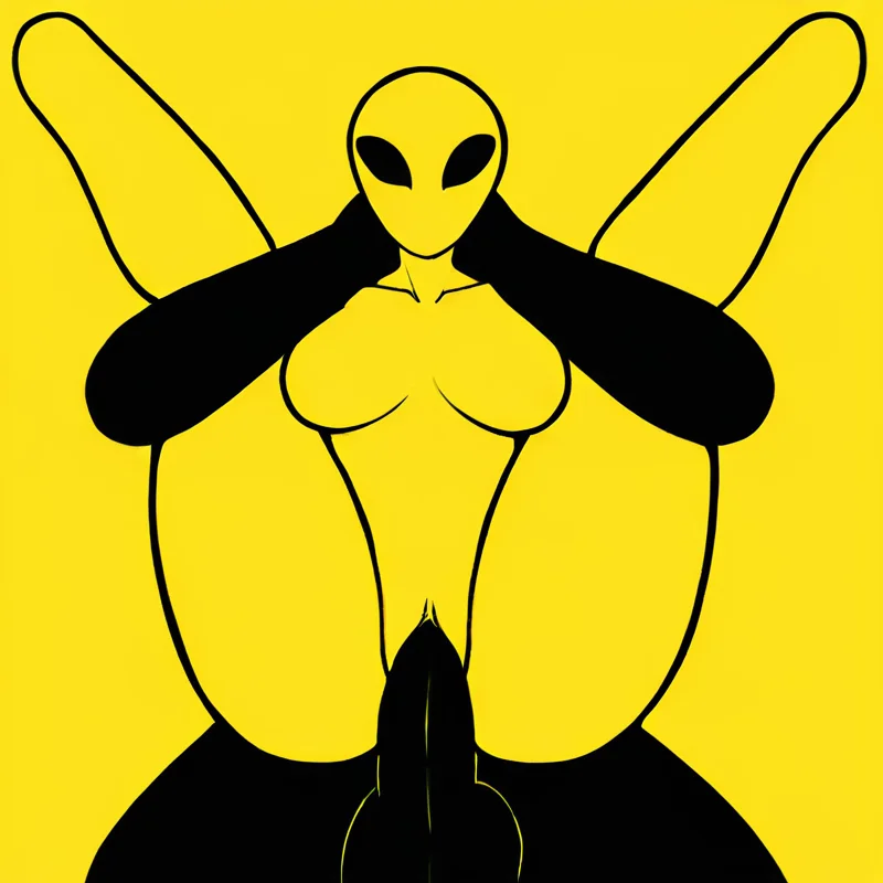 <lora:wrnsignPDXL_11a:1>   yellow background, black lineart, (yellow body:1.1), flat colors, front view, duo, human on humanoid, full nelson, humanoid, alien, female, black eyes, mouthless, looking at viewer, breasts, vaginal penetration, erection, penis, male, standing