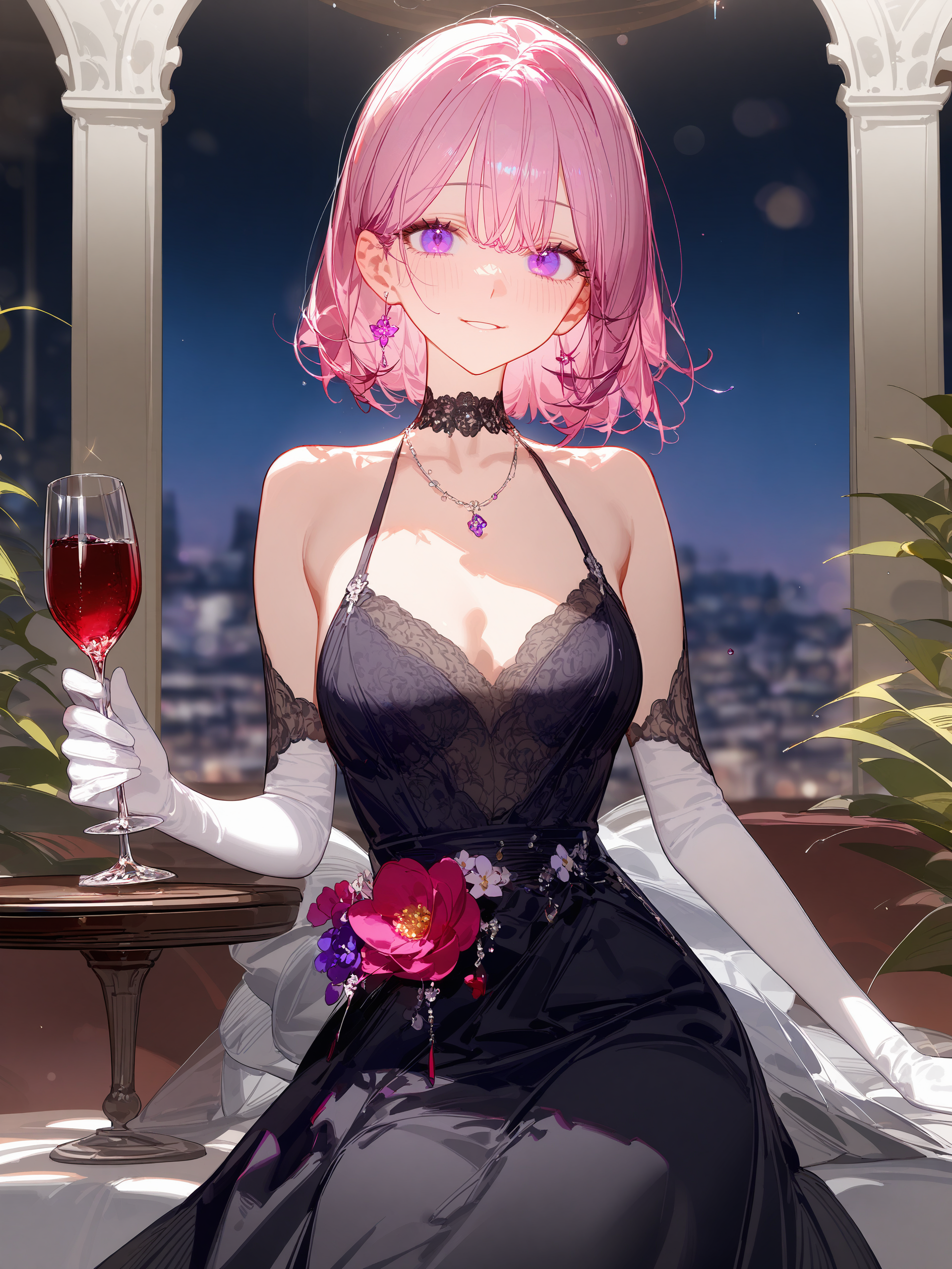 1girl, amaori renako, solo, purple eyes, white elbow gloves, necklace, black evening gown, light smile, ball room, indoors, depth of field, cowboy shot, sitting, chair, flower, holding cup, wine glass <lora:Char-Amaori_Renako-V1-SDXL:0.9>, illustration, incredibly absurdres, ultra detailed, masterpiece, best quality, perfect features, intricate details, ray tracing, very aesthetic, (hitenkei, askzy:0.4), [<lora:XL-detailed_notrigger:0.95>::0.5], [:<lora:XL-aesthetic_anime:1.2>:0.5]  <lora:SDXL-HandFineTuning:1>