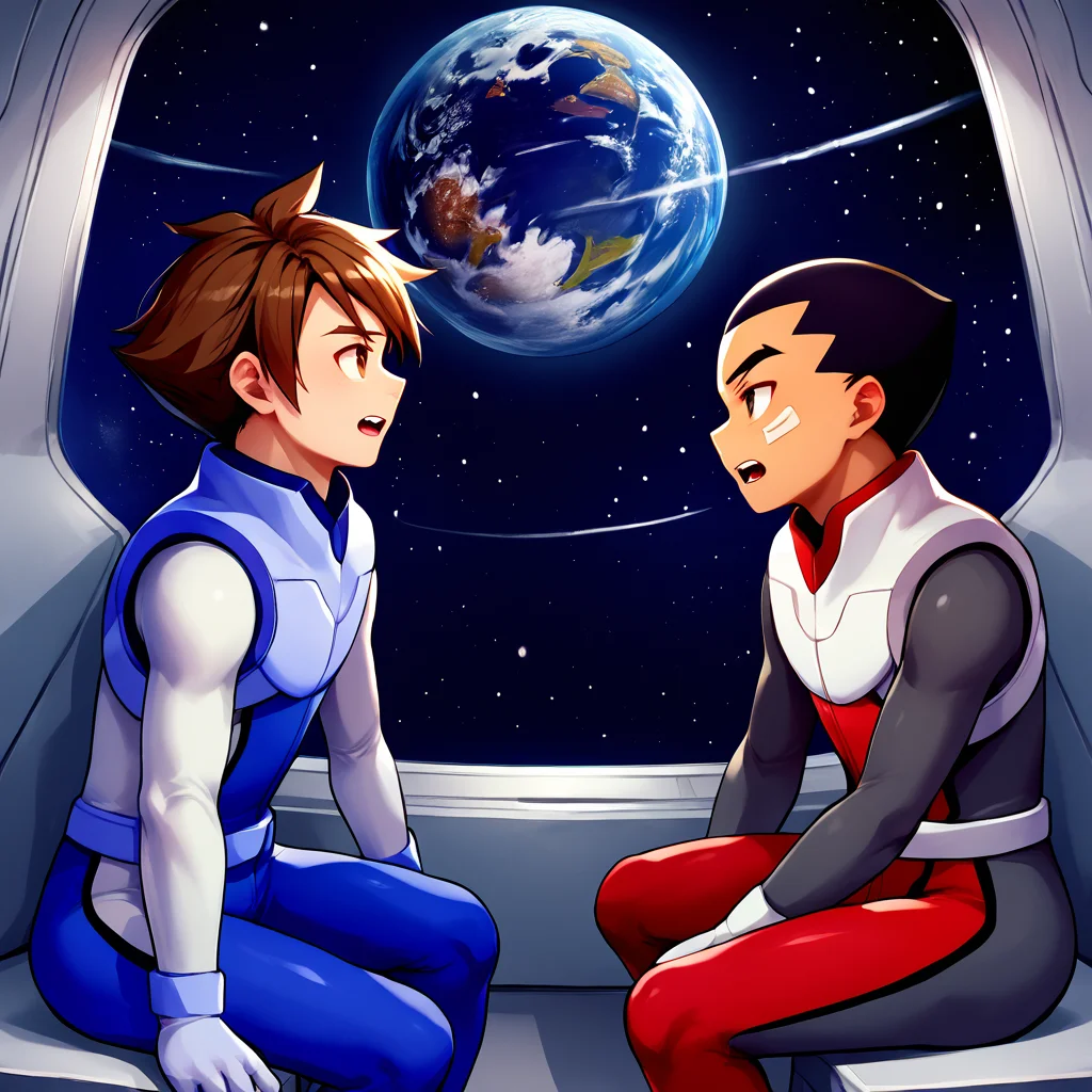 score_9,score_8_up,score_7_up,score_6_up,score_5_up,score_4_up BREAK hokuto kusanagi,ginga izumo,multiple boys,2boys,male focus,sitting,open mouth,looking at another,blue-white pilot suit,red-white-grey pilot suit,teeth,<lora:GearFighterV1-3:1>,space,from_side,