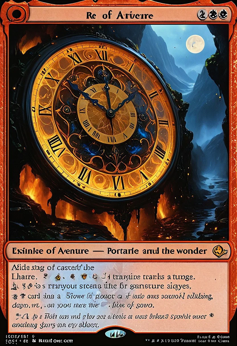 ((red-blue, artifact,
<lora:aidmaMTG-CardsXL-v0.1:1> ,mtg, mtg card)),
framed in a MTG card with text,
top- down, fantastical and surreal scene, closeup inside of an enormous ancient pocket_clock standing upright with its cover open revealing a magical portal, portal inside the pocket_clock, Through the portal is a breathtaking landscape unfolds, towering mountains, a cascading volcano, a steaming river winding through a burned forests, The edges of the pocket_clock are adorned with intricate glowing runes and vines, the clock resting on obsidian floor, mystical touch, illuminated by a crescent moon and twinkling stars, dreamlike and otherworldly atmosphere, sense of adventure and wonder, view from above,
(score_9, score_8_up:1.1), score_7_up, a fine color ink lineart sketch, (reflective volumetric), raytracing, absurdres, dark, low-key, mtg, mtg card