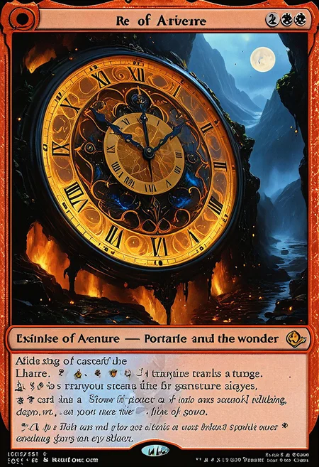 ((red-blue, artifact,
<lora:aidmaMTG-CardsXL-v0.1:1> ,mtg, mtg card)),
framed in a MTG card with text, 
top- down, fantastical and surreal scene, closeup inside of an enormous ancient pocket_clock standing upright with its cover open revealing a magical portal, portal inside the pocket_clock, Through the portal is a breathtaking landscape unfolds, towering mountains, a cascading volcano, a steaming river winding through a burned forests, The edges of the pocket_clock are adorned with intricate glowing runes and vines, the clock resting on obsidian floor, mystical touch, illuminated by a crescent moon and twinkling stars, dreamlike and otherworldly atmosphere, sense of adventure and wonder, view from above, 
(score_9, score_8_up:1.1), score_7_up, a fine color ink lineart sketch, (reflective volumetric), raytracing, absurdres, dark, low-key, mtg, mtg card