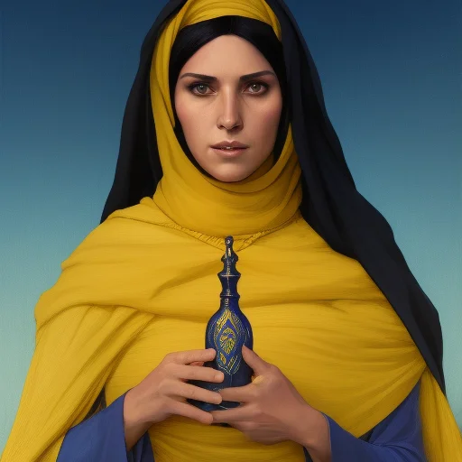 portrait of a middle - eastern female cleric with straight black hair wearing blue and yellow vestments casting fireball, fantasy, highly detailed, digital painting, artstation, concept art, character art, art by greg rutkowski and tyler jacobson and alphonse mucha