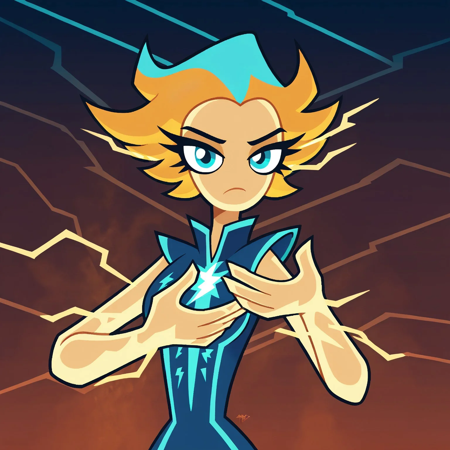masterpiece, best quality, absurdres, eyelashes, 1girl, solo, electric body, blue color, lightning, buzz spelling at the top, energy burst, correct hands,