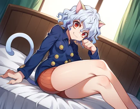 score_9, score_8_up, score_7_up, source_anime,
neferpitou, <lora:neferpitou-ponyxl-lora-nochekaiser:1>,
neferpitou, short hair, red eyes, animal ears, tail, white hair, cat ears, cat tail, curly hair, smile,
long sleeves, shorts,
indoors, bed, bed room, on side,
looking at viewer, dutch angle, cowboy shot,