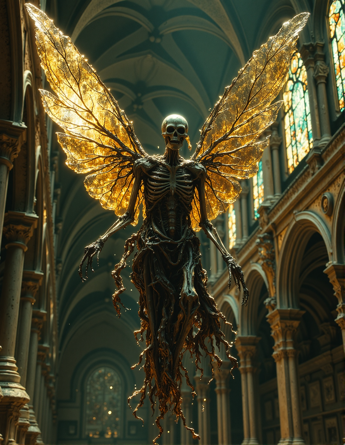Close-up, low-angle view of a skeletal figure with large, golden wings, suspended in mid-air within a decaying cathedral. The gothic angel-like entity, made of bone and twisted roots, fills the frame, its hollow eye sockets and gaping jaw looming eerily above. The translucent golden wings extend outward, showing fine details that mimic real feathers, with veins and textures clearly visible. The background reveals hints of the cathedral's grandeurâarched ceilings, Corinthian columns, and stained glass windows, all bathed in soft, ethereal light. The scene is dominated by muted greens, browns, and golds, with a warm glow highlighting the figureâs haunting beauty, HKMagic, <lora:FantasyWizardWitchesFluxV2-000001:0.8>, <lora:Elden_Ring_-_Yoshitaka_Amano:0.3>, <lora:fluxenhancer:0.3>, <lora:flux.1_lora_flyway_Epic-detail_v2:0.5>