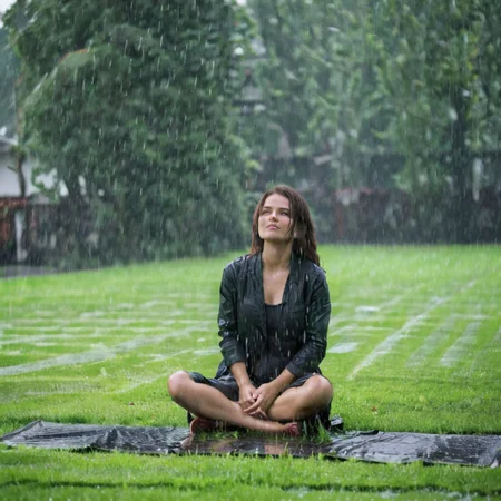 a woman sitting on the lawn in the pouring rain<lora:pouring_rain_XL:1>