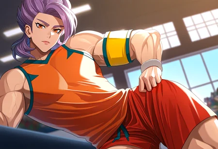 very awa, masterpiece, best quality, year 2024, newest, highres, absurdres, <lora:age_slider_v4:3> <lora:thicc_v1.4-pony:1.2>,detailed_background,indoors,red shorts,minodouzan \(inazuma eleven\),armband,inazuma eleven \(series\),muscular,sportswear,solo,shorts,highres,soccer uniform,orange shirt,dolustoy,shirt,1boy,male focus,purple hair,muscular male,wristband,iwagaki noborou,inazuma eleven ares no tenbin,orange eyes,looking at viewer,yellow armband,upper body