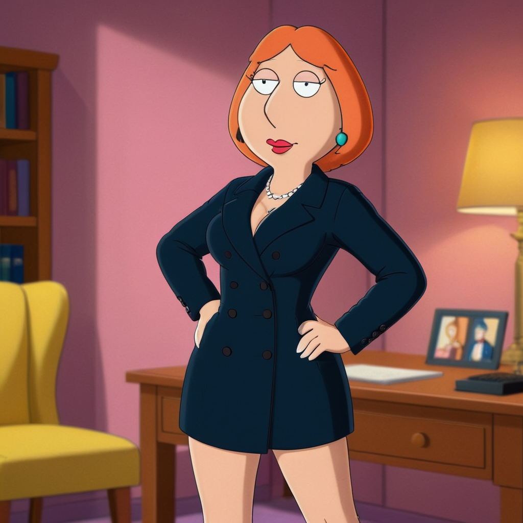 Full body photo of Lois_Griffin wearing sexy  overcoat  in her study, perfect eyes , cartoon, animated, makeup, eyeliner, mascara  <lora:Lois_Griffin prompt 80 image SDXL:0.7>