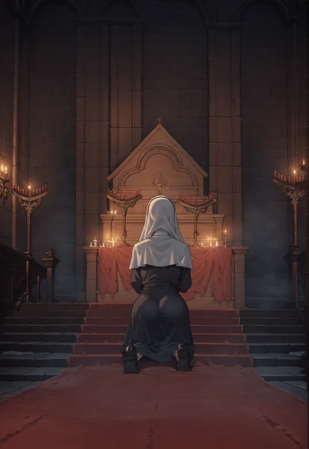 score_9, score_8_up, score_7_up, score_6_up, source anime
BREAK
1girl, nun, blonde hair, facing away, kneeling, praying, ass, shoes
BREAK
CotDeep, indoors, church, altar, fog, candlelight, candle, red candle, candlestand, candle stand, stairs, red carpet, ornamented wall, stone floor, dark, wooden bench, church interior, architecture,  <lora:[Dark Souls III] Cathedral of the Deep Style Background_epoch_11:0.7>