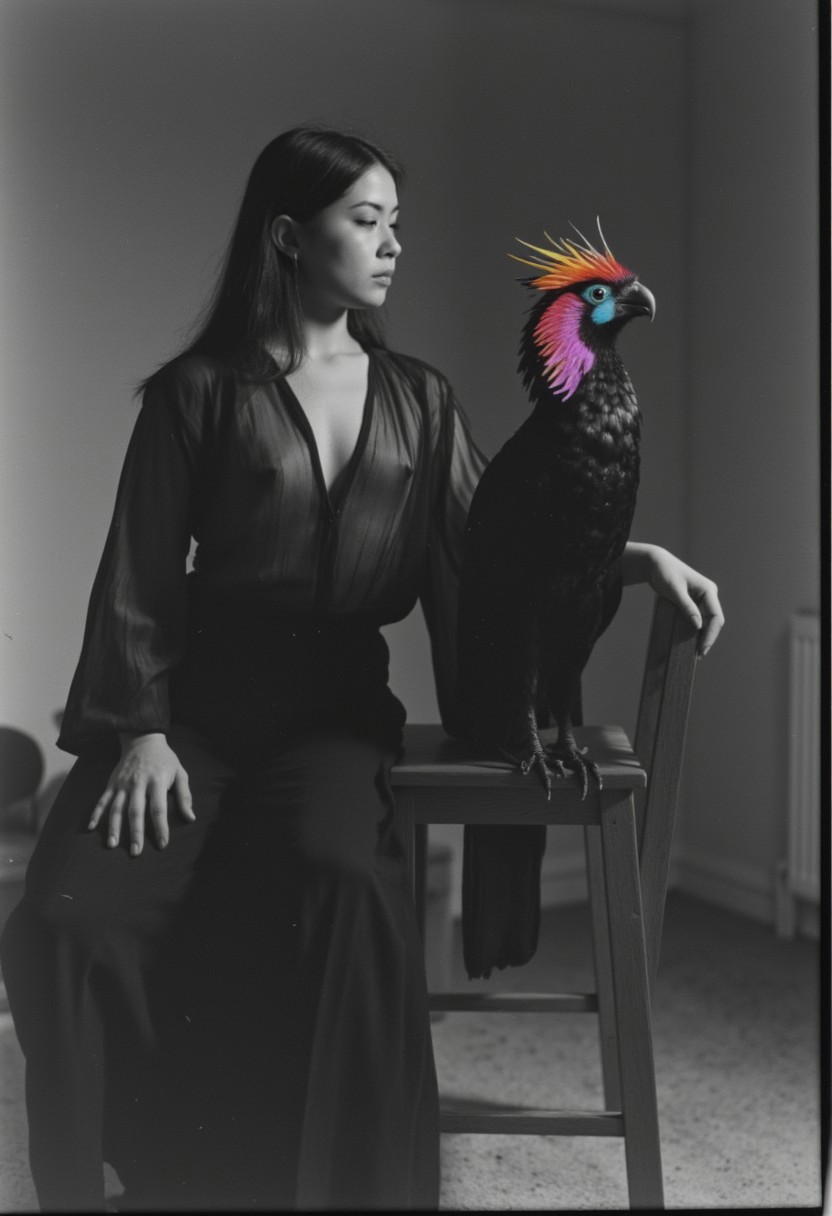 See through blouse, Monochrome Vintage analog Photo, Film grain, a Sideview photo of a female feudal busty ninja with long hair, dressed in a black Hanfu, her breasts are visible through the transparent fabric of her blouse, sits casually on a wide-legged wooden stool. One arm is extended, and a majestic vibrant dark-neon {white|blue|red|yellow|pink} colorful exotic bird with outstretched wings perches gracefully on it. The photo should be in black and white with a color spot, emphasizing the contrast and elegance of the scene.