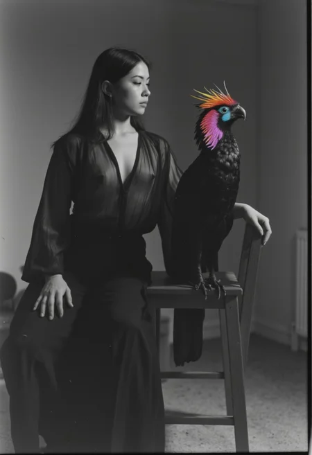 See through blouse, Monochrome Vintage analog Photo, Film grain, a Sideview photo of a female feudal busty ninja with long hair, dressed in a black Hanfu, her breasts are visible through the transparent fabric of her blouse, sits casually on a wide-legged wooden stool. One arm is extended, and a majestic vibrant dark-neon {white|blue|red|yellow|pink} colorful exotic bird with outstretched wings perches gracefully on it. The photo should be in black and white with a color spot, emphasizing the contrast and elegance of the scene.