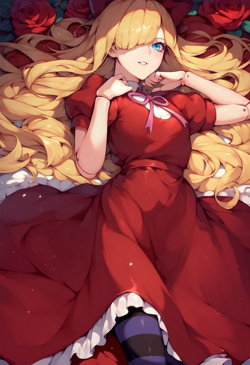 score_9, score_8_up, score_7_up, bungoelise, red bow, red dress, striped legwear, 1girl, solo, blue eyes, blonde hair, dress, flower, lying, hair over one eye, rose, joints, doll joints