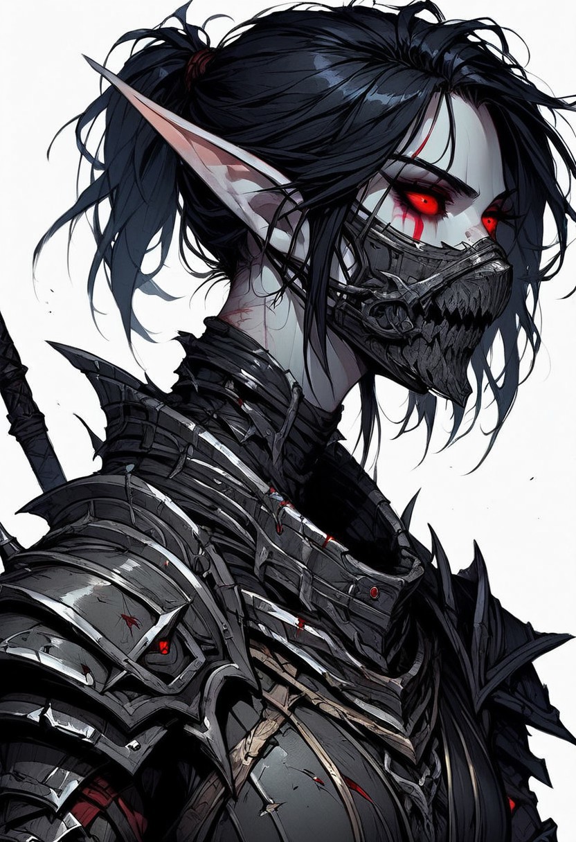 score_9, score_8_up, score_7_up, score_6_up, Expressiveh, masterpiece, (((High Resolution, Best Quality))), highly detailed, 
1girl, night elf, tall girl, athletic, (pale gray skin, red facetattoo), pointy ears, long ears, (red eyes, glowing eyes, red sclera), (black hair, messy hair, short ponytail, bangs), scars, (lower face mask, iron mouth protection, iron neck brace),
(full armor, platearmor, black armor)