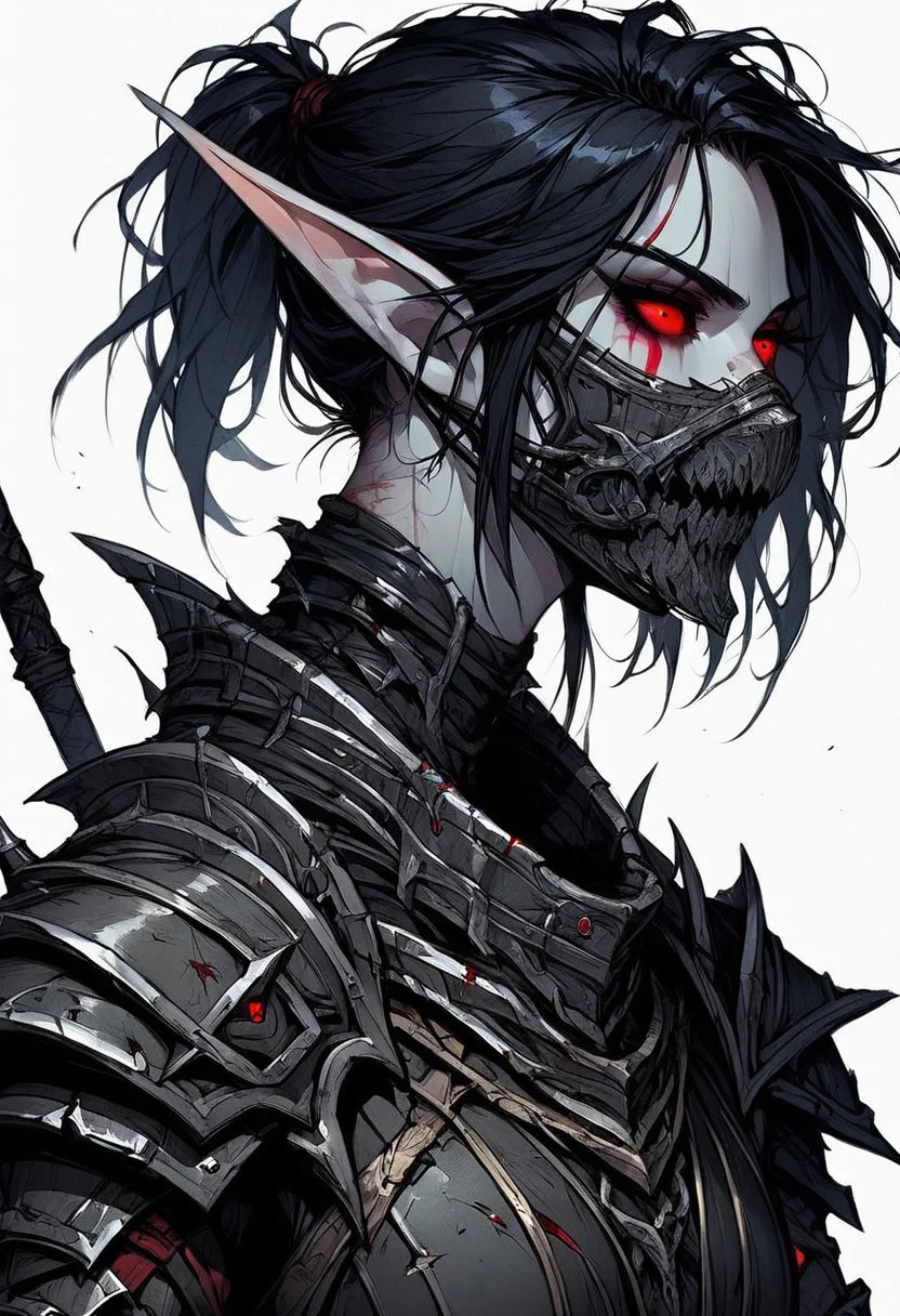 score_9, score_8_up, score_7_up, score_6_up, Expressiveh, masterpiece, (((High Resolution, Best Quality))), highly detailed,
1girl, night elf, tall girl, athletic, (pale gray skin, red facetattoo), pointy ears, long ears, (red eyes, glowing eyes, red sclera), (black hair, messy hair, short ponytail, bangs), scars, (lower face mask, iron mouth protection, iron neck brace),
(full armor, platearmor, black armor)