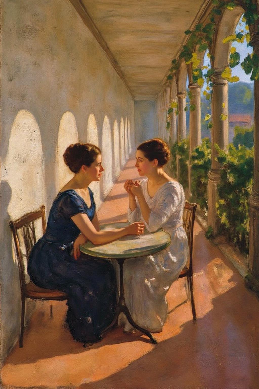 pietmondrian1 painting. 
 Two women sitting at a table in a colonnaded courtyard with a white, textured wall and arched roof, casting a warm, golden light. The floor is a light, sunlit terracotta, and the atmosphere is bathed in dappled sunlight filtering through the arches and the lush greenery. The woman on the left, shown in side profile, is wearing a dark blue dress. The woman on the right is wearin <lora:pietmondrian1_cap_d8a4e11:1.0><lora:860680267071810775:0>