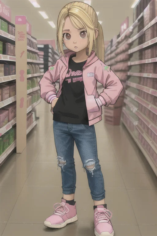 <lora:GameGirl:0.4> 1girl, GameGirl, brown eyes, (blonde hair with pink highlight streaks), flat chest, in a grocery store, in streetwear and a jacket, high-top sneakers, black clothing