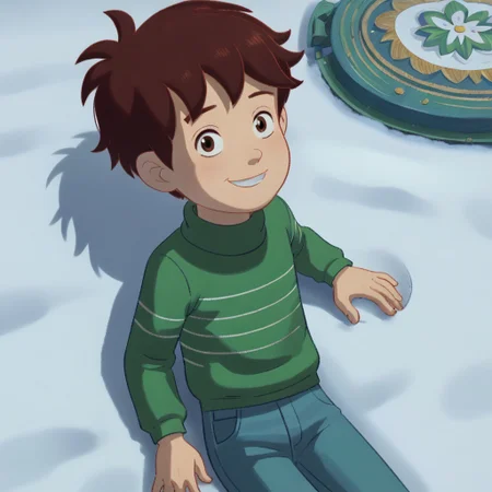 score_9, score_8, score_7, break, solo, nicholas_sa, 1boy, brown hair, brown eyes, striped sweater, pants,  snow, looking at viewer, smile,  outdoors, on back, from above