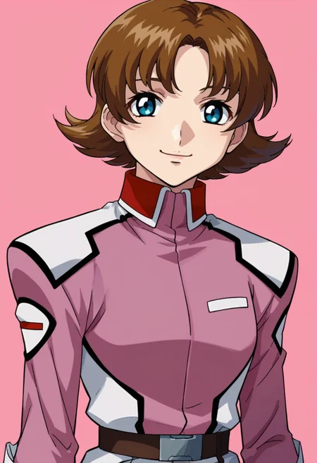 score_9,score_8_up,score_7_up,score_6_up,score_5_up,score_4_up,anime coloring,source_anime,<lora:Miriallia_Haw_Gundam_SEED_Pony:0.8>,miriallia,1girl,solo,blue eyes,brown hair,short hair,flipped hair,pink jacket,belt,smile,multicolored background,portrait,upper body,looking at viewer,