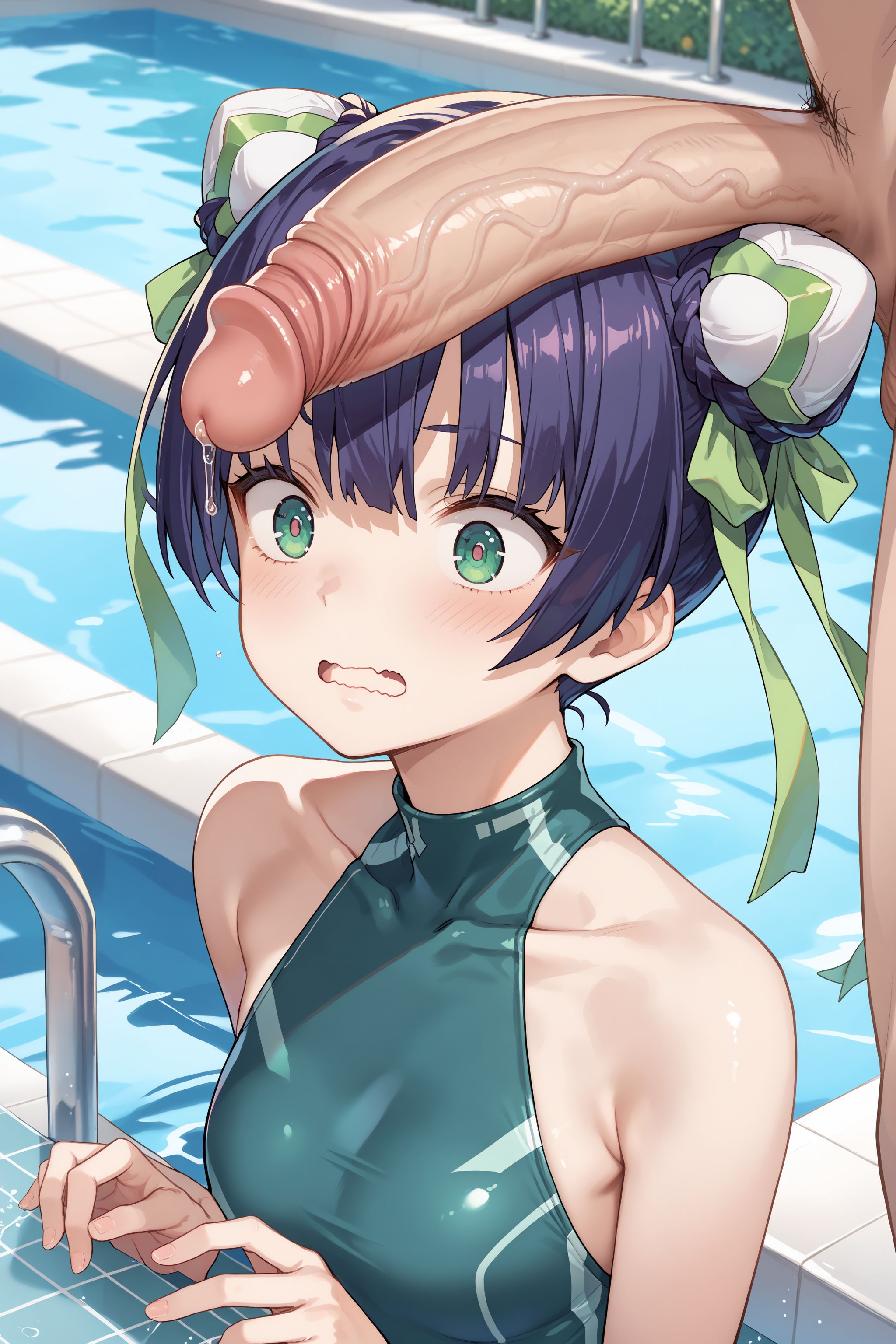 score_max, (score_9, score_8_up, score_7_up:1.0), score_6_up, official art,
masterpiece, absurdres, high detail, 8k,
pool, water slider, poolside, upper body,
penis awe, large penis, penis on face, surprised, wavy mouth, cumdrip,
ddphikari, hair ornament, double bun, bun cover, green ribbon, green one-piece swimsuit,
<lora:XL_Pony_gomaotsu-hikari-t1:0.8>