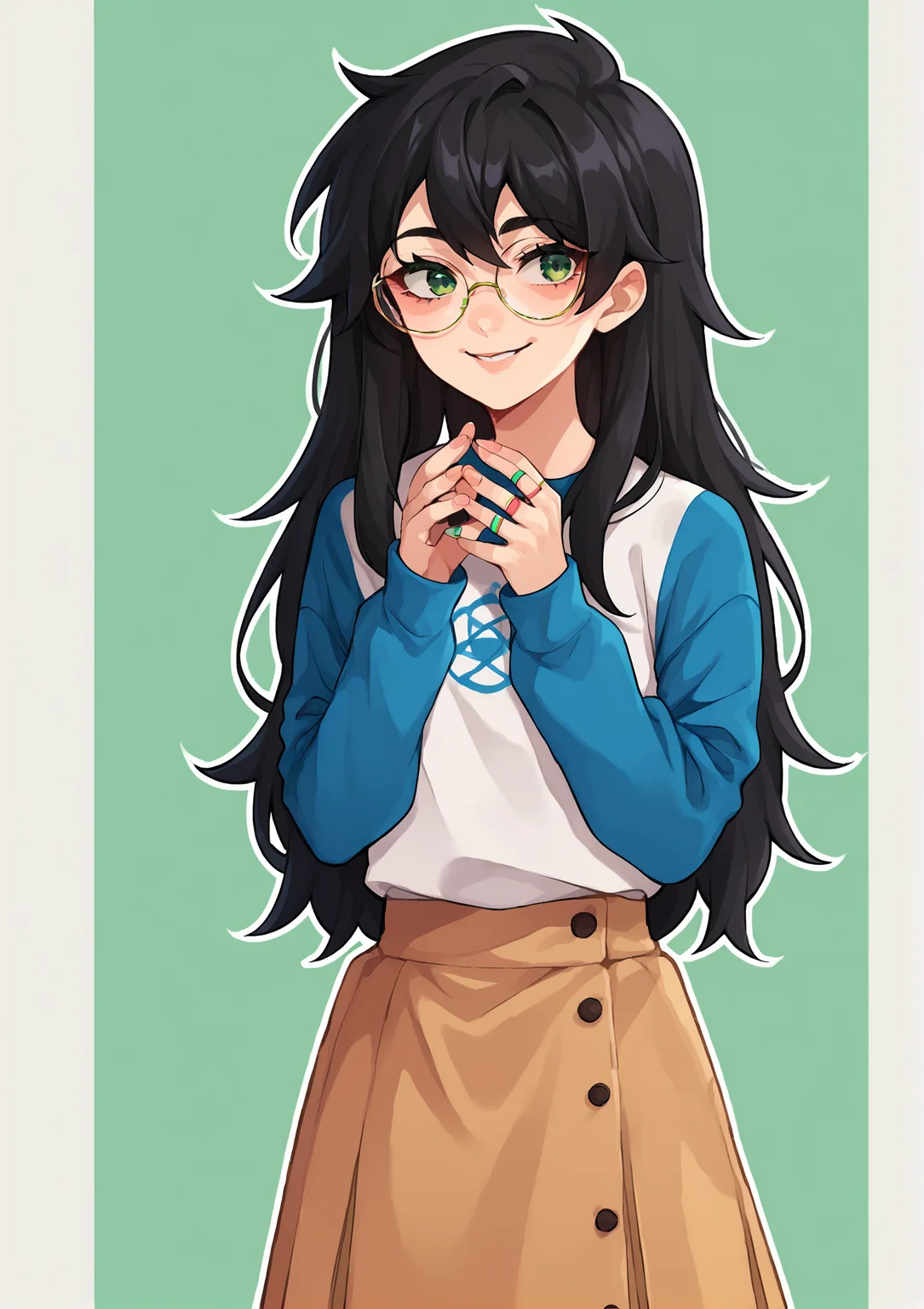 score_9, score_8_up, score_7_up, score_6_up, score_5_up, score_4_up, 2d, anime, anime artstyle, simple shadows, flat coloring, flat shadows, thick lines, white outline, jadeharleystart <lora:Jade_Harley_-_Homestuck__Variant_outfits_-_SDXL_Pony:1>, 1girl, black hair, long hair, glasses, green eyes, smile, long sleeves, blue sleeves, shirt, skirt, white shirt BREAK source_anime