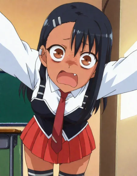 anime screencap, masterpiece, best quality, school classroom,
<lora:IjiranaideNagatoro_Nagatoro_IlluXL:1>,
1girl, solo, open mouth, fang, scared, dark skin,
long hair, black hair, asymmetrical bangs, brown eyes, hairclip, earclip,
standing, looking at viewer, cowboy shot,
<lora:bb_uniform_ilxl_v1:0.8> BB_Uniform, school uniform, black vest, white shirt, sleeve cuffs, red necktie, pleated skirt, red skirt, black thighhighs