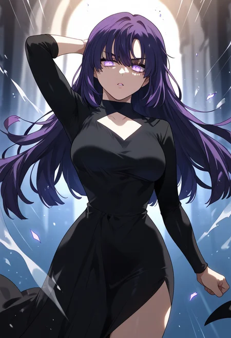 zPDXL3, score_9_up, score_8_up, score_7_up, (Anime_source), 1girl, NaYeorum, purple hair, long hair cowboy shot, Alter dress, purple eyes, floating hair, from front, looking at viewer, standing, parted lips, particles, one arm up