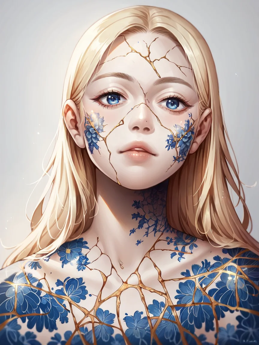 score_9, score_8_up, score_7_up, score_6_up, score_5_up, score_4_up,   <lora:K1ntsug1XLP:0.8> 1girl, blue willow pattern, k1ntsug1, blue eyes, gold cracks, kintsugi, long hair,