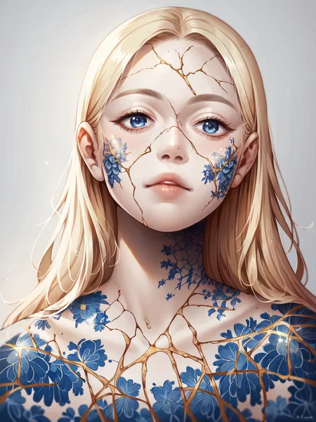 score_9, score_8_up, score_7_up, score_6_up, score_5_up, score_4_up, <lora:K1ntsug1XLP:0.8> 1girl, blue willow pattern, k1ntsug1, blue eyes, gold cracks, kintsugi, long hair,