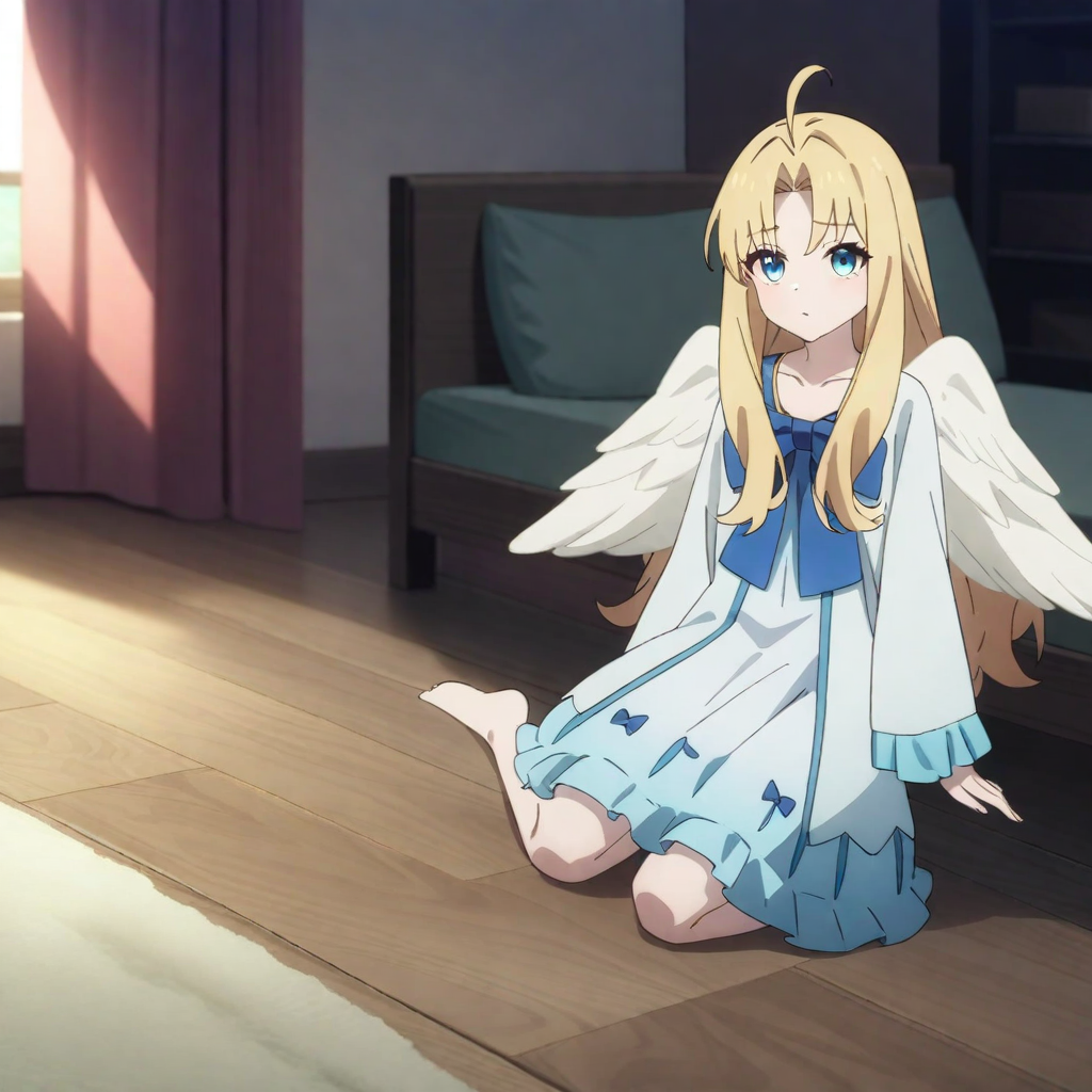 white dress blue bow, barefoot, bare legs, tny-filo, white wings, ahoge, (full body), collarbone, solo, 1girl, masterpiece, best quality, very aesthetic, absurdres, newest <lora:tny-filo-V03:0.8>