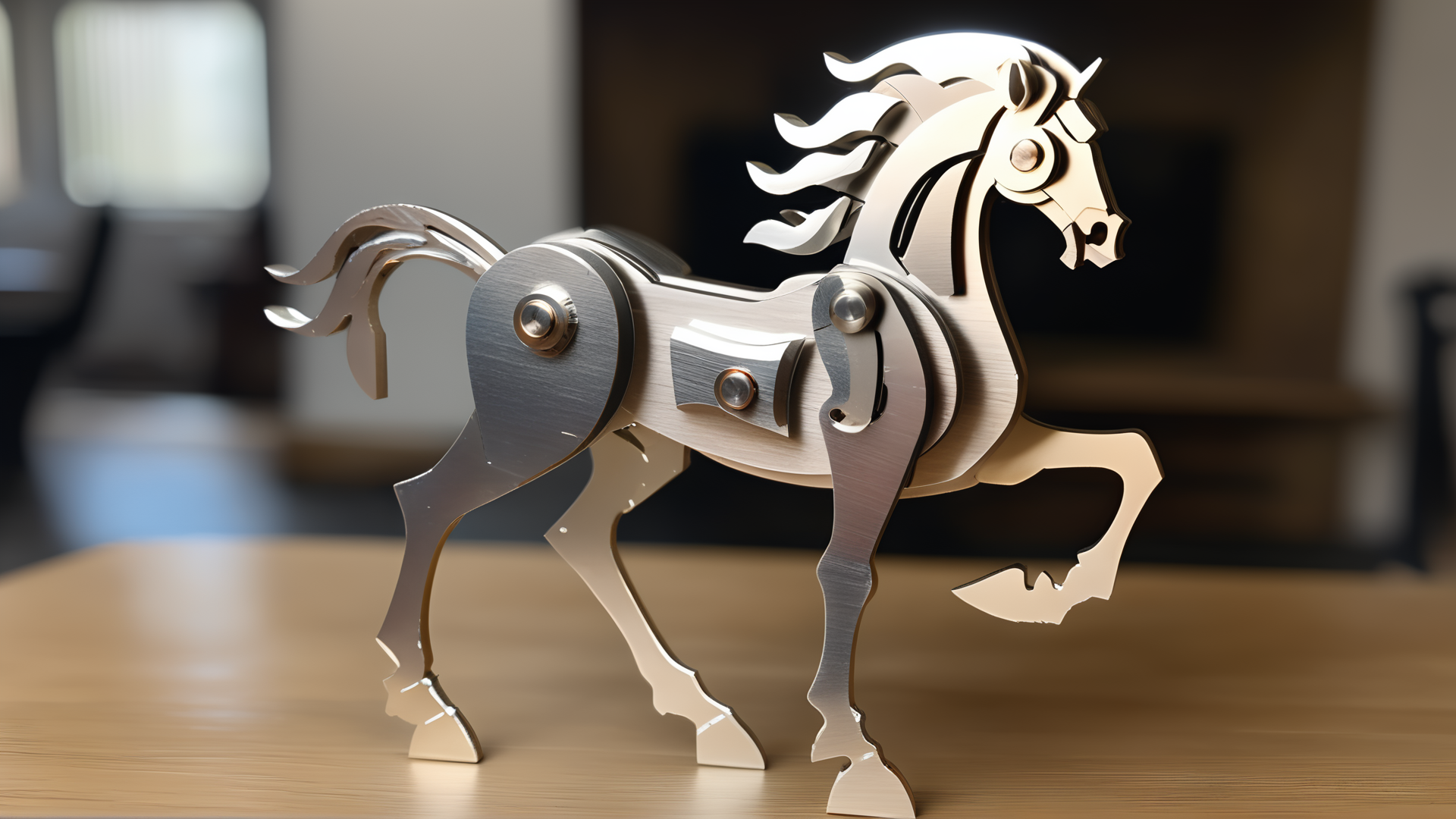 <lora:splicingtoycd_xl-000012:0.8>,a plane style steel horse made of splicingtoycd_xl on wooden desktop,three-dimensional puzzle,simple-structured,detailed,hi-res photo,chinese zodiac,no humans,silver theme,close-up,indoors,living room,simple background, emotional,harmonious,high budget,moody,epic,gorgeous,perfect lighting,realistic,photorealistic,photographic,photo (medium),real,moody lighting,volumetric lighting,reality ray tracing,8K,HDR,UHD,masterpiece,best quality,highly detailed,high resolution,finely detail,extremely detailed,ultra detailed,wallpaper