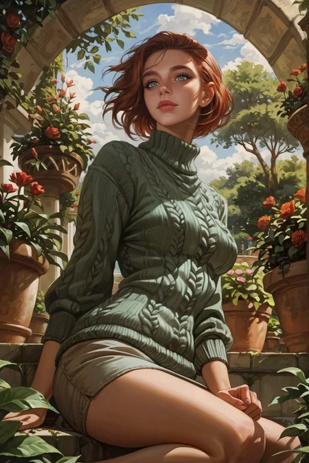 score_9_up, score_8_up, score_7_up, Casual, detailed background, masterpiece, realistic face,
1woman, garden, from below, partial cloudy,
BREAK
trees, potted plants,
BREAK
1woman, Angora sweater, short skirt, kneeling, auburn hair, feathered ends, short hair,
original,
<lora:incase---1:0.3><lora:D4lm4uXLP:0.7> d4lm4u <lora:kyuyong:0.9> kyuyongeom