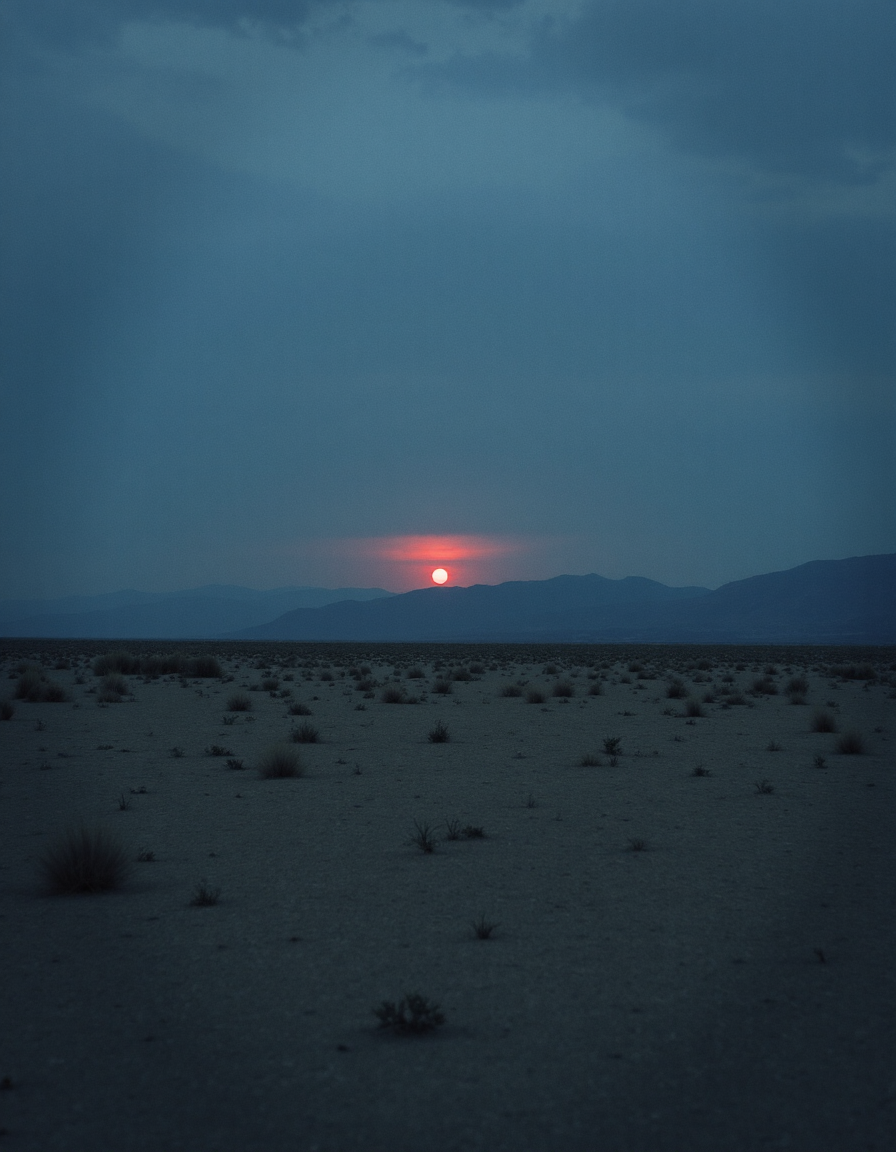 A photo of a vast, empty landscape at dusk, with the sun setting behind a distant mountain range. The sky is a deep shade of indigo., VCTRN, analogstyle,  faded photograph <lora:e377b7657231499e9165dad83cdeb312_pytorch_lora_weights:0.8>  <lora:amateurphoto-6version:0.6> <lora:35mm_joycap:0.5>