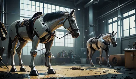 A  futuristic top-of-line high-tech factory with cyborg horses working on the machines and going to work, on a futuristic industrial district with futuristic industrial machines. harsh shadows,outdoors,  from below, panorama, futuristic cityscape, hyper detailed buildings, ray tracing, photorealistic, professional photography. (Use Dream Diffusion Secret Prompt), ziprealism <lora:SDXLHighDetail_v5:1> Painstaking Attention To Details