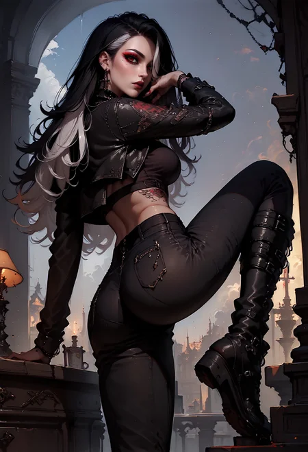 score_9, score_8_up, score_7_up,  1girl, goth girl, back view, round butt, solo, long hair, large breasts, looking at viewer, black hair, multicolored hair, white hair, long sleeves, navel, jewelry, earrings, midriff, pants, necklace, hair over one eye, black eyes, crop top, grey eyes, tattoo, makeup, black pants, cross, gothic, black leather, leather jacket, red eyes, leather boots, on leg up, red light  <lora:pony/concept_art_darkside:0.8> concept art, realistic <lora:pony/expressiveh:0.8> expressiveh <lora:pony/goth_girl_xl_v2:0.8>