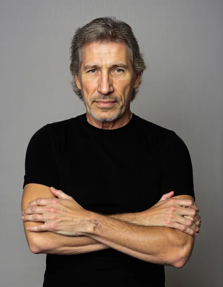 <lora:ROGER_WATERS:1>,The image is a high-resolution photograph of a middle-aged man with a relaxed and confident demeanor. He has short, wavy gray hair with a touch of dark brown, and a neatly trimmed gray beard and mustache. His skin is lightly tanned with a few visible age spots. The man is wearing a plain black t-shirt that fits snugly, accentuating his broad shoulders and muscular arms. He has his arms crossed over his chest, with his left hand resting on his right forearm, creating a casual, yet composed pose. His expression is calm and slightly smiling, with his eyes looking directly at the camera, inviting the viewer to engage with him. The background is a plain, light gray, which contrasts subtly with his dark clothing, making him the focal point of the image. The lighting is soft and even, eliminating harsh shadows and highlighting the textures of his hair and clothing. The overall mood of the photograph is warm and approachable, capturing the manâs natural, unpretentious presence.