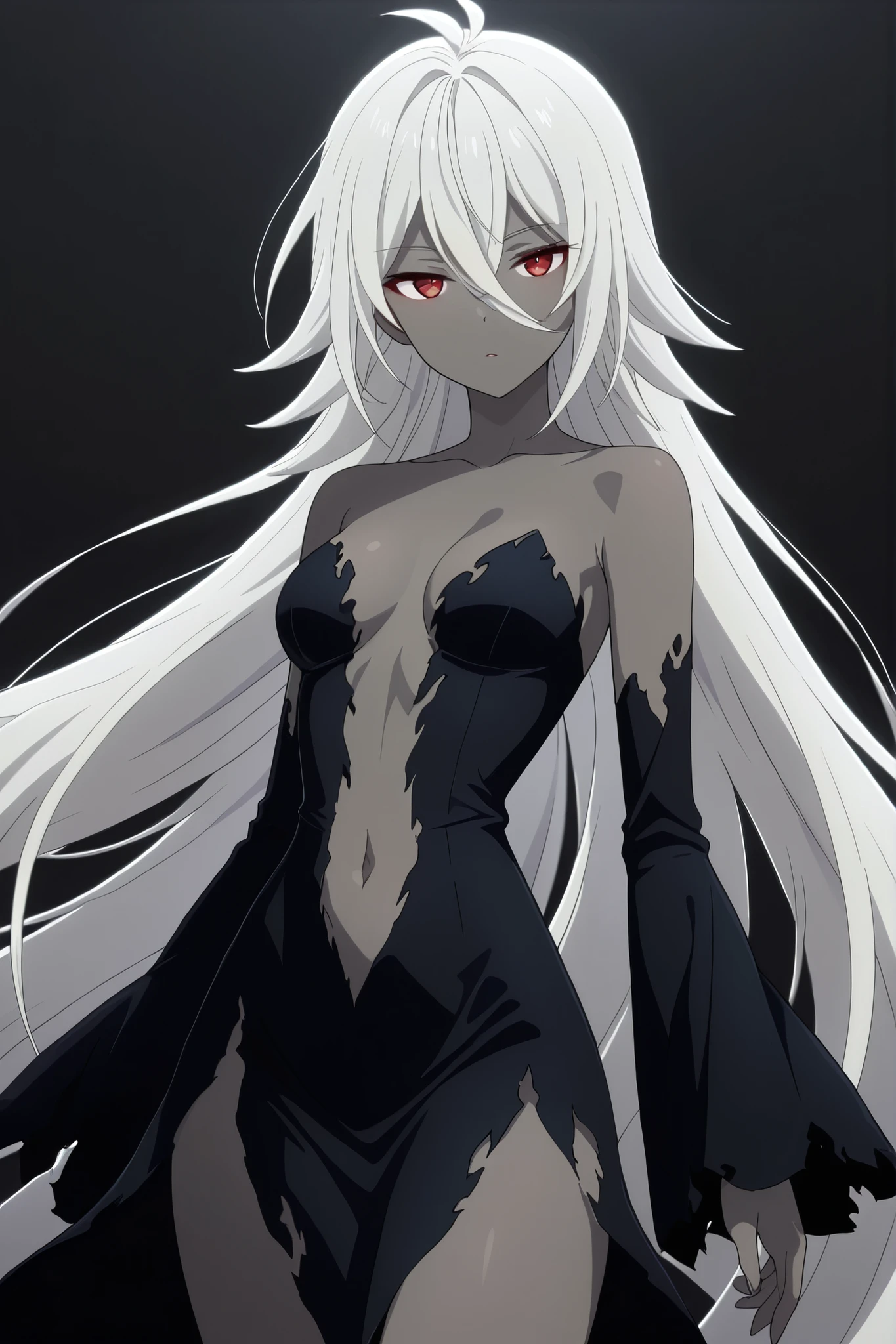 masterpiece, best quality, amazing quality,1girl, solo, BREAK
nebul1s3ev3,white hair, very long hair,red eyes,dark skin,black torn strapless dress, navel cutout,
BREAK
,cowboy shot,looking at viewer