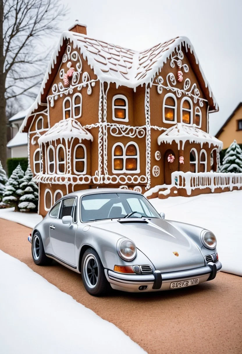 porsche 911,winter ,in front of house.Christmas<lora:GingerbreadStyle_epoch_10:0.7>