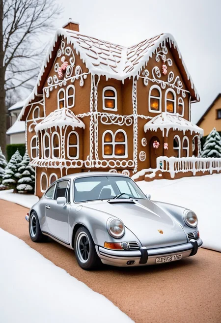 porsche 911,winter ,in front of house.Christmas<lora:GingerbreadStyle_epoch_10:0.7>