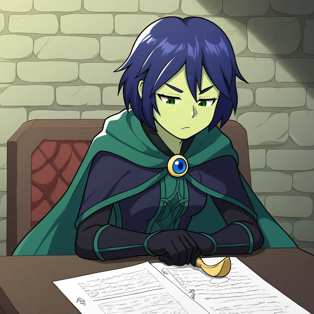 score_9, score_8_up, score_7_up, score_6_up, score_5_up, score_4_up, zPDXL2,source_anime,rating_questionable, 1girl, sitting at desk, bored, holding quill, indoors, stone walls, dark, dungeon, <lora:Mona_-_Shovel_Knight:0.8> mona_shovelknight, green skin, short hair, blue hair, green eyes, cape, black gloves, black dress