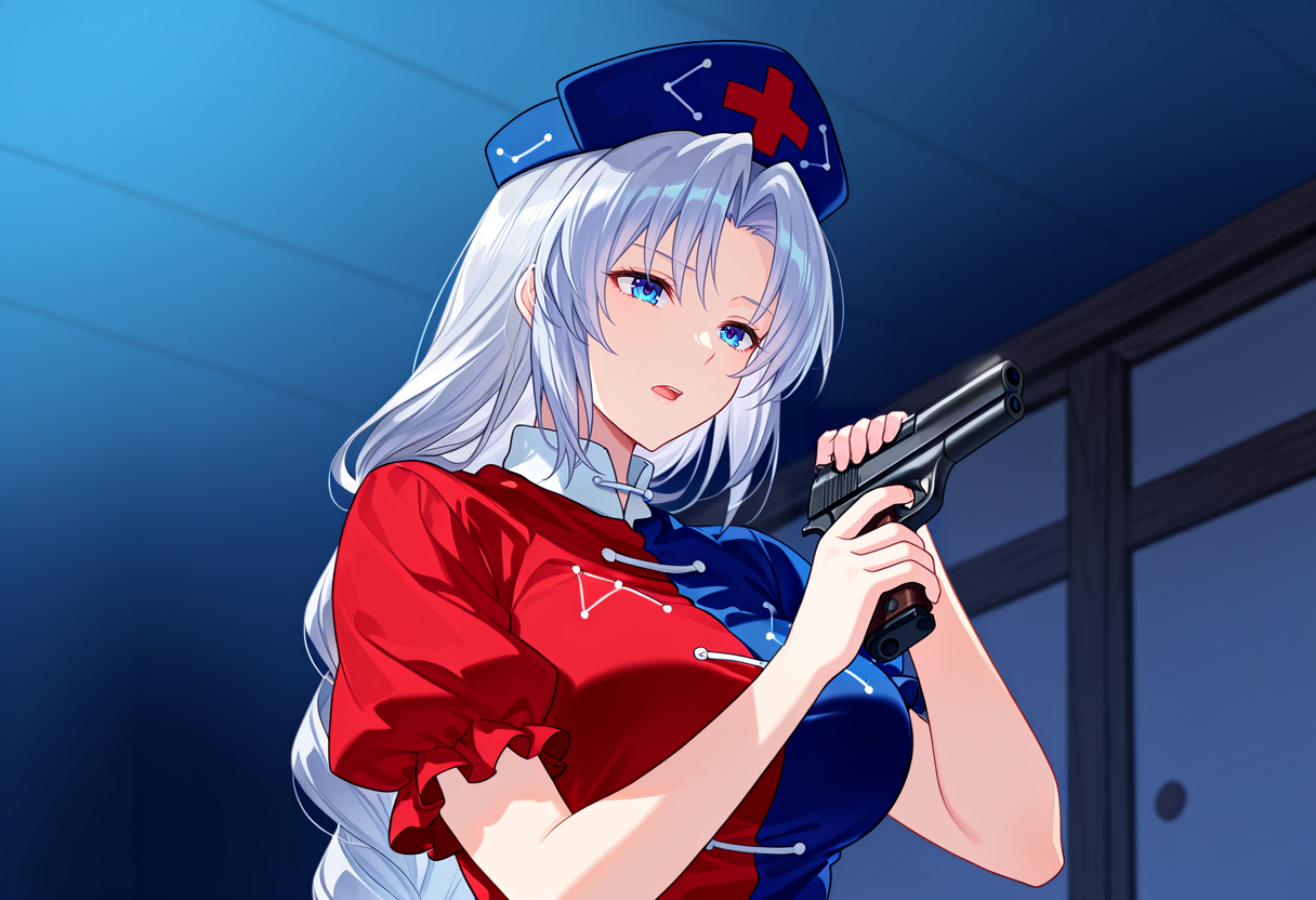 masterpiece, best quality, absurdres, 1girl, yagokoro eirin, open mouth, holding weapon, hands up, holding gun, handgun, <lora:Im_a_healer_but_meme:1>