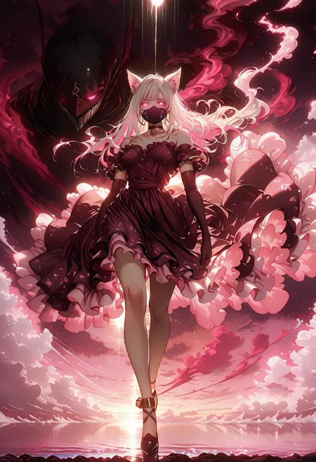 ,lazypos, 1girl, solo, Off-shoulder ruched dress, simple gold hoops, ankle strap heels, and soft waves in your hair, Peach background with large magenta flowers floating among the colors.,  a dark, shadowy demonic figure with glowing eyes emerging behind her, made of smoke and darkness, sinister presence, looming close
 full body shot, standing,light ray, light flare, watercolor effect,dreamy ethereal atmosphere, soft brush stroke, water color, acrylic, Bright color Palette,soft dreamy Background,artistic watercolor rendering,elicate brushstrokes, soft colors, light textures, 
 <lora:Airi_Noir:1> AiriNoir, elbow gloves, animal ears, mouth mask, platinum blonde hair, choker, bell, pink eyes, two-tone hair  <lora:dark_art_style_illustriousXL:1> dark_art_style  <lora:Bright_style:0.65>   <lora:Fantasy with epic details - XL SDXL v1.0:0.6>  <lora:illustrious_very_aesthetic_v1:1> masterpiece, best quality, very aesthetic, absurdres
