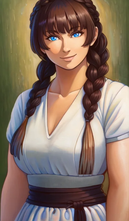 1girl, solo, upper body, braid, upper body, detailed face, highly detailed eyes, round pupils, looking at viewer, looking at viewer, wide hips, smile, bangs, ((mature female)), (small breasts), white dress, realism, crossed arms, ((oil painting)), artstation