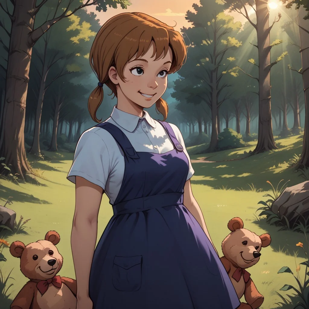 score_9, score_8, BREAK, brown hair, twintails, black eyes, white shirt, dark blue overall dress, brown shoes, Penny_(The_Rescuers), cute, teddy bear, adult female, mature female, breasts, sexy pose, self portrait, smile, outdoors, sunlight, shadows, evening lighting, natural lighting, forest, trees, grass, orange sky, sunset