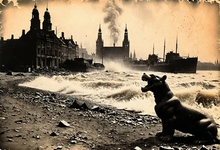 Godzilla on the shore of Hamburg, B&W 35mm vintage photo, WW2 picture, destroyed city backdrop, easynegative, realisticvision-negative-embedding