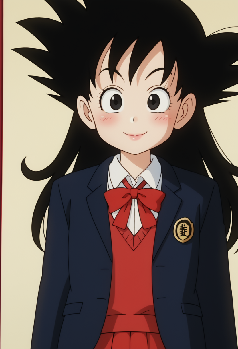 score_9, score_8_up, score_7_up , , source_anime, intricate details, masterpiece, high quality, prefect hands, best quality,, 1girl, solo,  upper body , anime screencap,
,indoor ,
smile
, GGoku , black hair, black eyes, big eyeballs , spiked hair , long hair  ,    eyelash , lips  , cute , blush ,  small breast ,   chibi , <lora:GGoku-000003:0.7>,
 <lora:school uniform cardigan_pony_V1.2:1> school uniform,blue blazer, khhaki cardigan, blue skirt