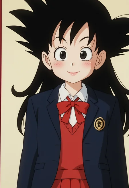 score_9, score_8_up, score_7_up , , source_anime, intricate details, masterpiece, high quality, prefect hands, best quality,, 1girl, solo, upper body , anime screencap,
,indoor ,
smile
, GGoku , black hair, black eyes, big eyeballs , spiked hair , long hair , eyelash , lips , cute , blush , small breast , chibi , <lora:GGoku-000003:0.7>,
<lora:school uniform cardigan_pony_V1.2:1> school uniform,blue blazer, khhaki cardigan, blue skirt
