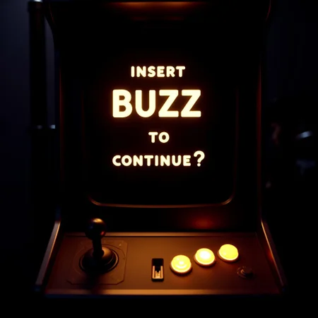 The words “Insert BUZZ to Continue!?” written on an arcade machine screen in a pixelated font or black background, the work BUZZ is glowing with a golden sizzling aura, retro arcade machine with a joystick and two buttons, coin hole under the controls has a slit that's glowing golden with a ray of gold coming out from inside the arcade machine, full arcade machine visible, empty arcade in the background, night time, text focus.