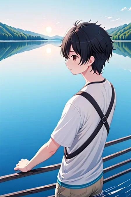 high resolution, solo, best quality, 1Boy, Inaho Kaizuka, Black hair, Brown Eyes, Fishing, lake, calm, patience, OverallDetail