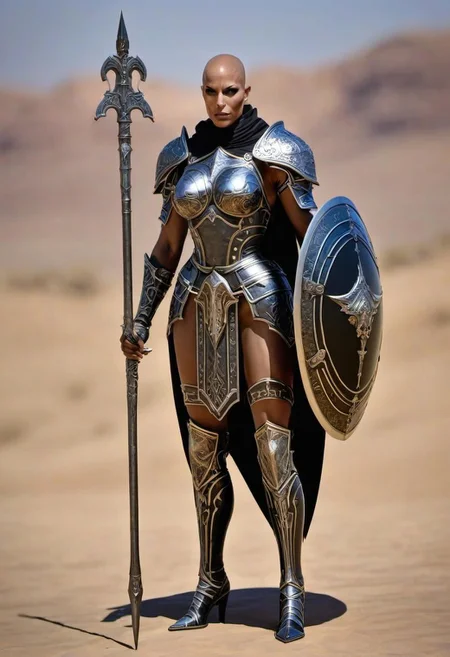 photo (D&D character) (dark tan) woman (Age 20) (bald) (6'2) (210lbs) (40B-36-38 figure:1.25) (Black plate armor) (holding (Spear of Blessings) and shield) (very muscular) (medium breasts) in desert full body wide angle HDR